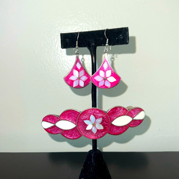 Vintage Mexican Alpaca Earring and Barrette Set - Picture 1 of 8